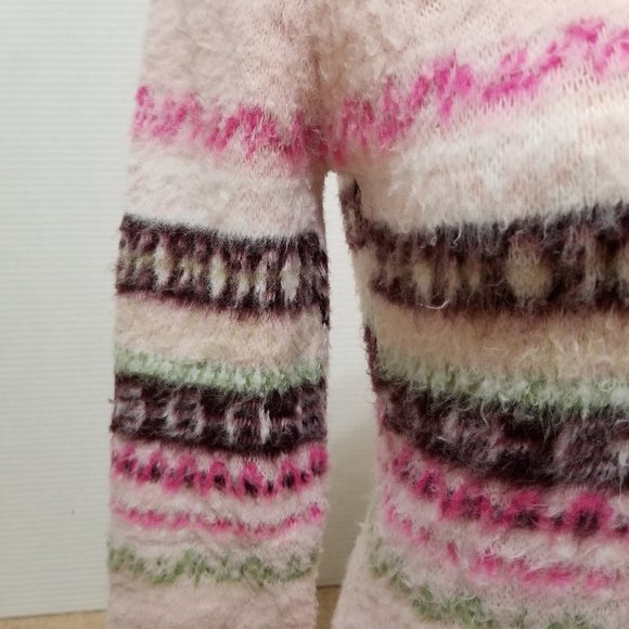 It's Our Time sweater Large fuzzy knit keyhole tie neck fair isle pullover Y2K - Picture 6 of 13